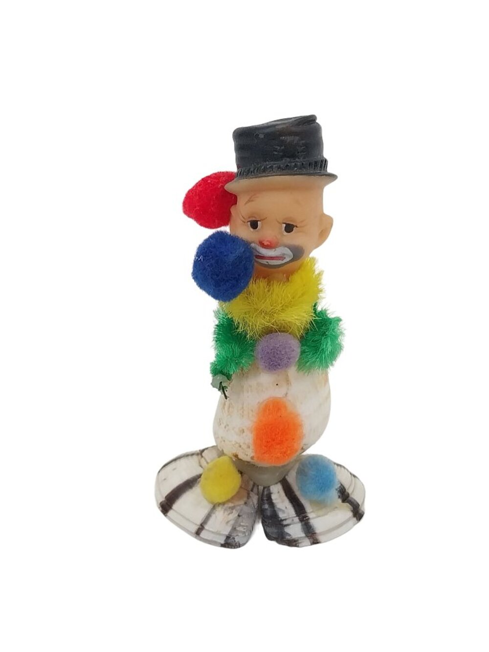 Vintage Handmade Shell & Rubber Clown 4"